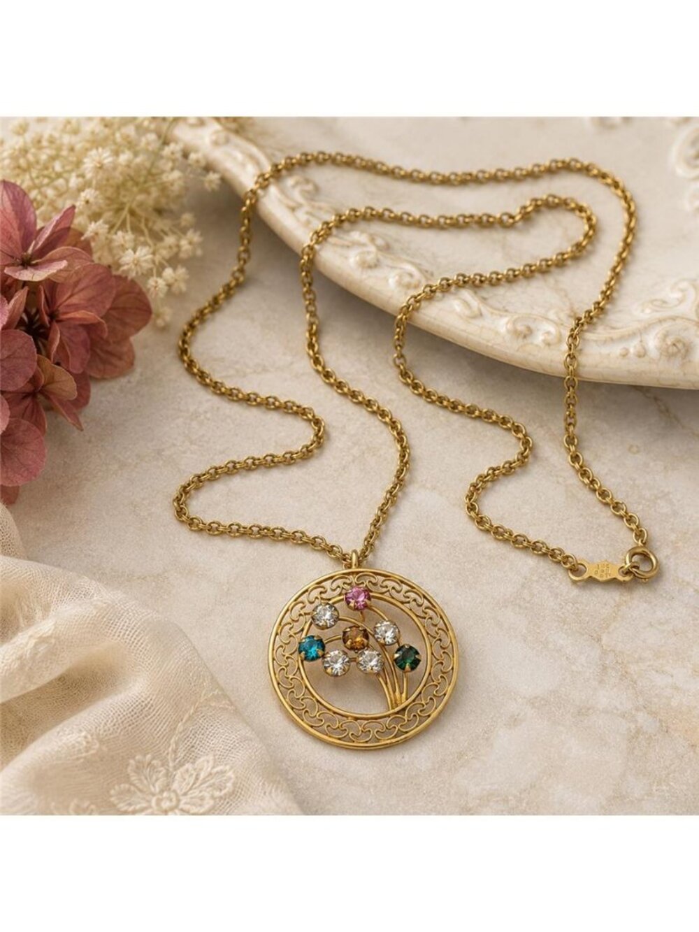 Vintage Carlo 12K Gold Filled Multicolor Rhinestone Filigree Circle Necklace 22"